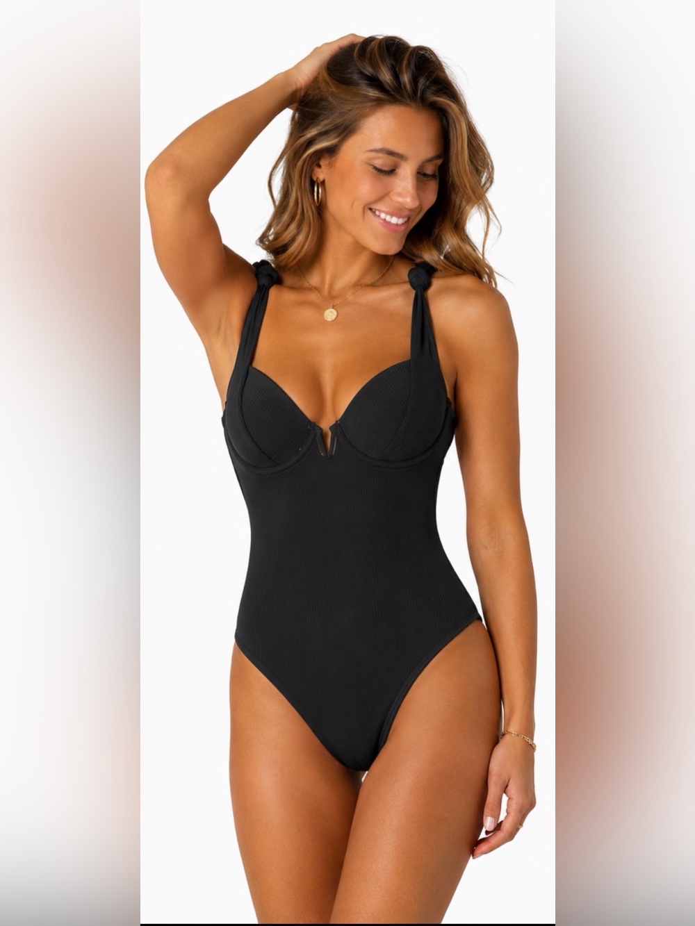 Cupshe NWT Black Ribbed One Piece Swimsuit XL Underwire Tie Shoulder